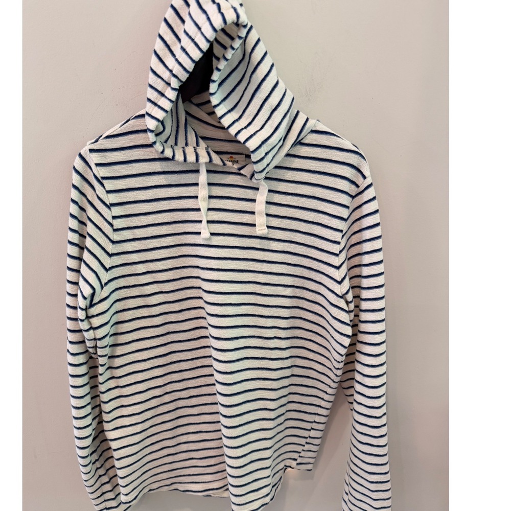 Marine Layer Mens Striped Hoodie Navy Cream Textured Cotton Pullover USA Made